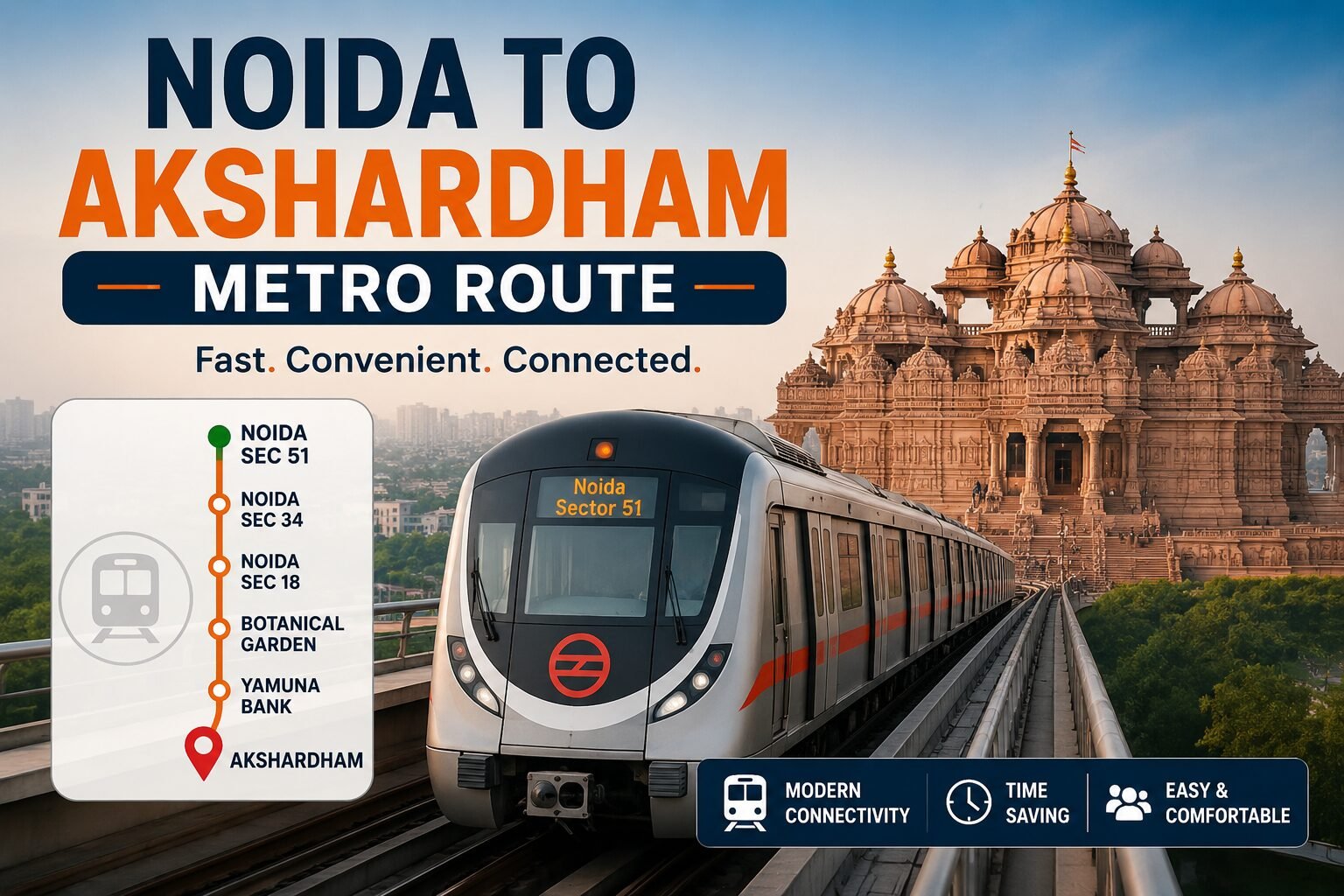 You are currently viewing Noida to Akshardham Metro Route: Complete Travel Guide (Fare, Timings & Stations)