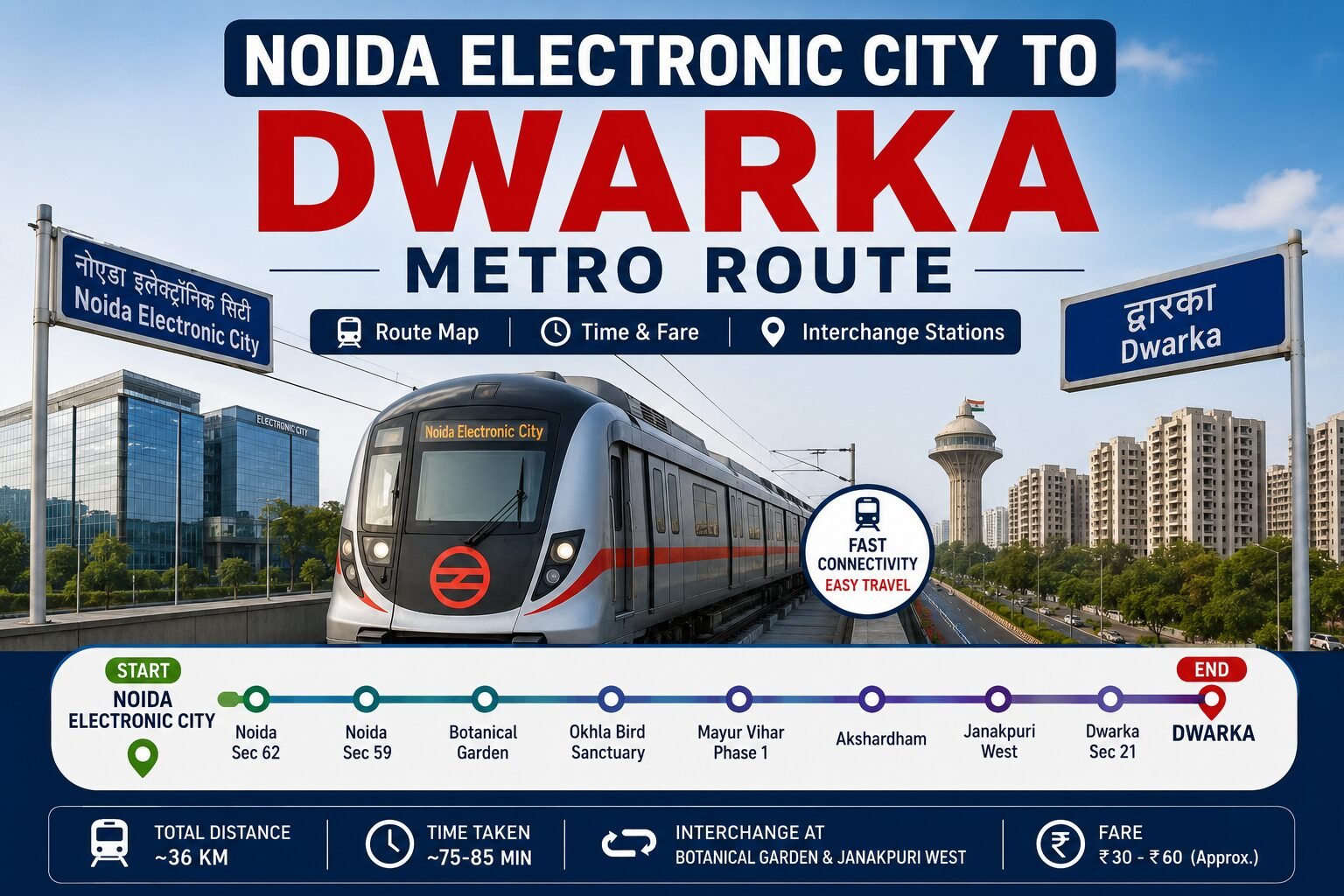 You are currently viewing Noida Electronic City to Dwarka Metro Route: Complete Guide (Stations, Fare & Timings)